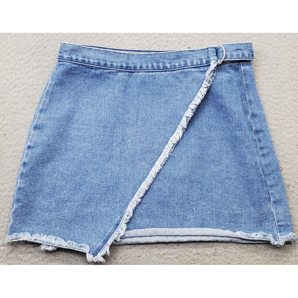kendall & kylie Wrap Mini Skirt Womens 27 Blue Denim Fringe Edge High Waisted